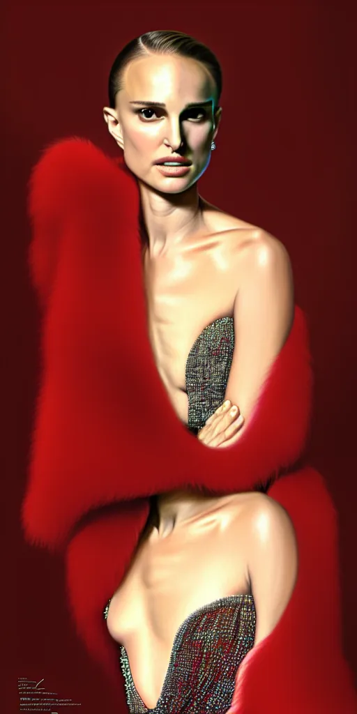 Image similar to Natalie Portman, wearing an evening gown, alexander mcqueen couture, very detailed portrait, ultrarealistic, dramatic lighting, electrical details, high details, 4k, 8k, best, accurate, trending on artstation, fur, artstation, photorealism, ultrarealistic, digital painting, style of Dali, Caravaggio, Boris Vallejo