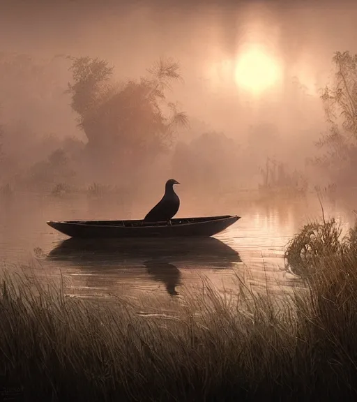 Image similar to three crows in a little boat in a swamp, volumetric lighting, fog, majestic light, octane render, ethereal glare of the sun, hyperrealistic, epic, masterpiece, by greg rutkowski