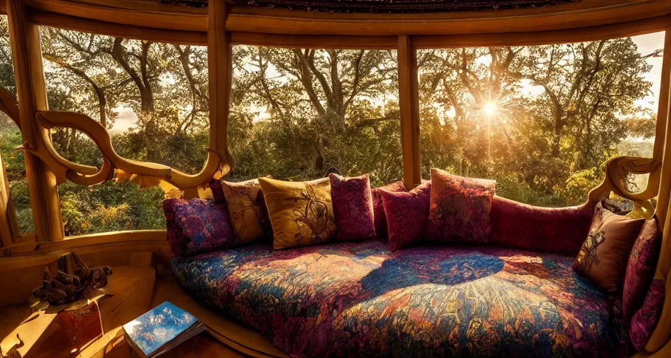 Image similar to an incredibly beautiful scene from a 2 0 2 2 marvel film featuring a cozy art nouveau reading nook in a fantasy treehouse interior. a couch with embroidered pillows. golden hour. 8 k uhd.