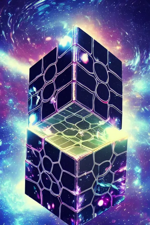 Image similar to four dimensional parallel universe cosmic rubik's cube hypercube tesseract with wormholes, energy and galaxies around it. epic, dramatic, cinematic, digital art, octane render, blender, 8 k, hyperrealistic, trending on artstation