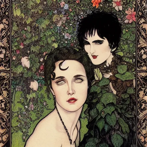 Image similar to stoic heroic emotionless blond butch tomboy woman, standing side by side with taller goth black - haired dark fae jennifer connelly, in love, romantic in romantic garden, mike mignogna, illustration, pen and ink, oil painting, highly detailed, mucha