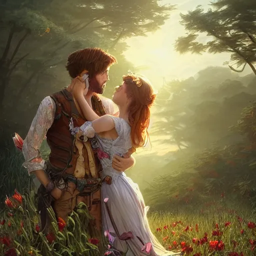 Image similar to a young couple hugging each other in a flower field at sundown, D&D, fantasy, intricate, elegant, highly detailed, digital painting, artstation, concept art, matte, sharp focus, illustration, hearthstone, art by Artgerm and Greg Rutkowski and Alphonse Mucha