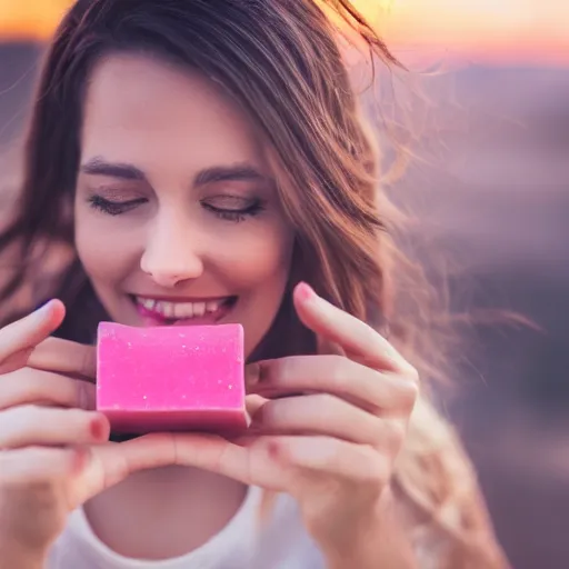 Image similar to beautiful advertising photo of a woman holding scented soap bricks up to the viewer, smiling, summer outdoors photography at sunrise, bokeh, bloom effect