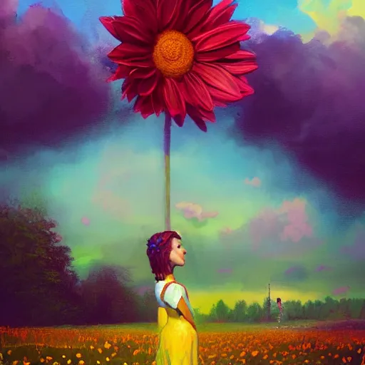 Image similar to giant daisy flower as head, girl sitting in a flower field, surreal photography, sunrise, dramatic light, impressionist painting, colorful clouds, digital painting, artstation, simon stalenhag