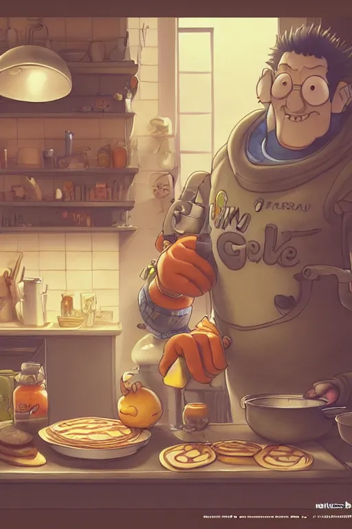 Prompt: mick cave making pancakes, animation pixar style, by pendleton ward, magali villeneuve, artgerm, rob rey and kentaro miura style, golden ratio, trending on art station