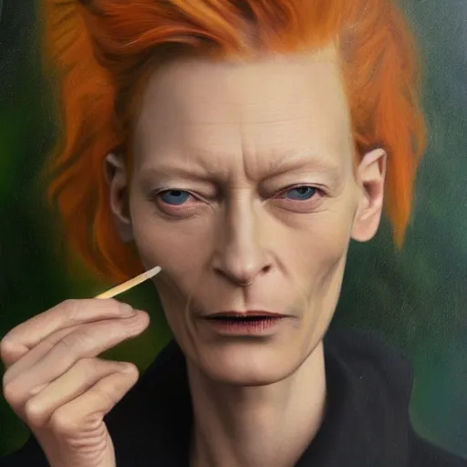 Prompt: caricature of tilda swinton smoking a cigar, realistic oil painting by david levine, trending on art station, 4K