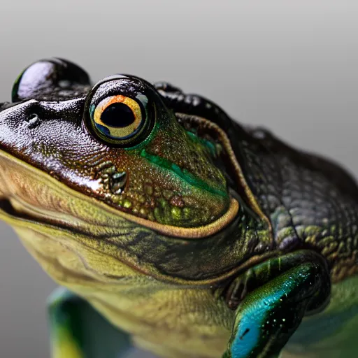 Image similar to hyperrealistic image of bullfrog, by thomas eakes & xiang duan, perfect symmetry, dim volumetric lighting, photorealistic, 8 k octane beautifully detailed render, post - processing, extremely hyper - detailed, intricate, epic composition, lifelike attributes, cinematic lighting, masterpiece, trending on artstation, very very detailed, stunning,