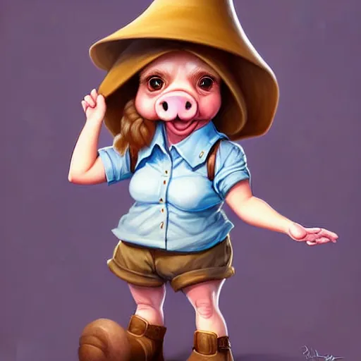 Image similar to cute little anthropomorphic funny female pig wearing shorts, a sunhat, boots and a pale blue shirt!! tiny!! fully clothed!!! small, short, cute and adorable, character art portrait, matte fantasy painting, deviantart artstation, by jason felix by steve argyle by tyler jacobson by peter mohrbacher, cinema