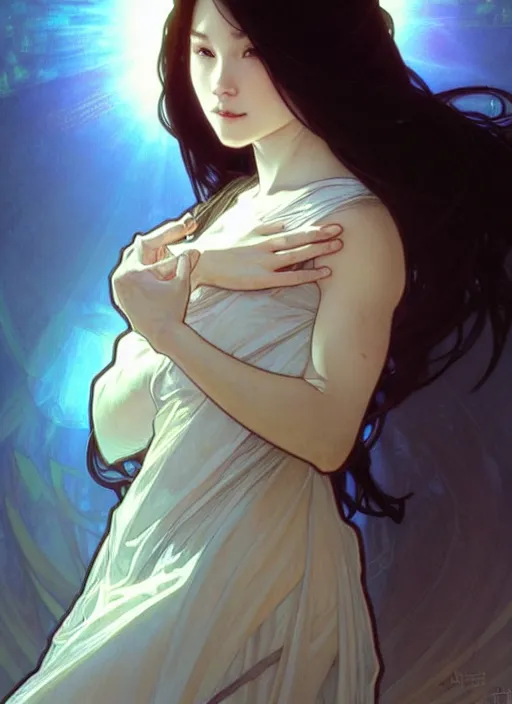 Image similar to digital character concept art by artgerm and greg rutkowski and alphonse mucha. clear portrait of a young wife blessed by god to uncontrollably become overwhelmingly perfect!! asian, fully clothed!!!, super feminine holy body!! light effect. hyper detailed, glowing lights!! intricate, elegant, digital painting, artstation, smooth, sharp focus