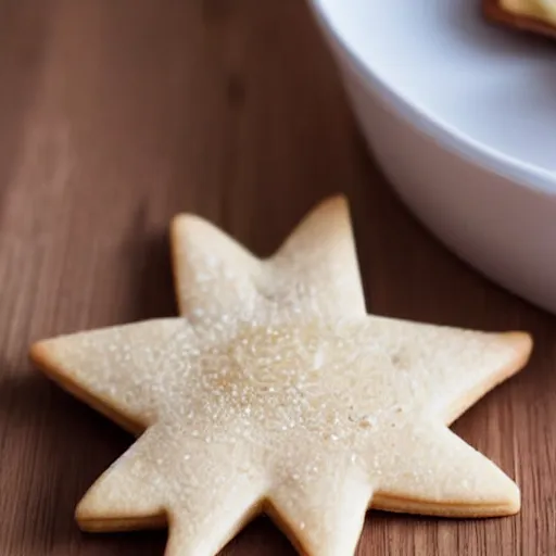 Prompt: close view of a star shaped cookie, warm dim light