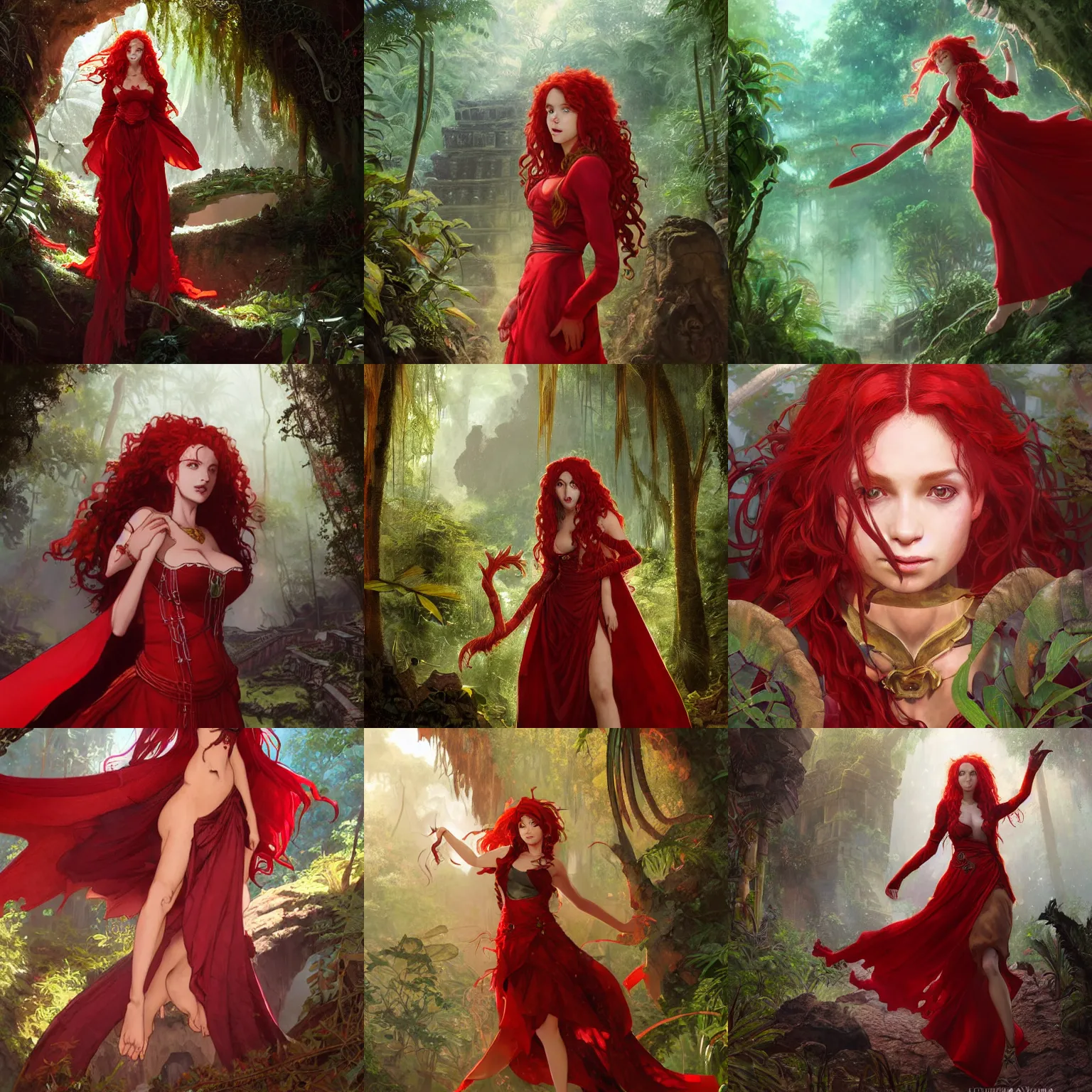 Prompt: portrait of a female draconic sorceress with curly red hair wearing a red dress and a red coat in an abandoned maya city in the jungle, fantasy, seinen, highly detailed, digital painting, pixiv, concept art, character art, art by greg rutkowski, tyler jacobson, alphonse mucha, ross tran and makoto shinkai