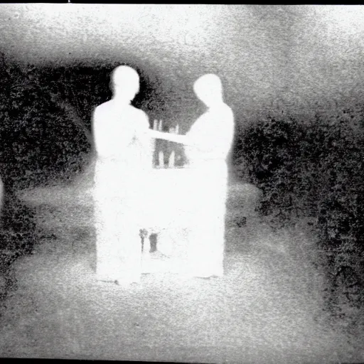 Prompt: 1920 infrared photo taken during a séance showing a spirit medium manifesting ectoplasm