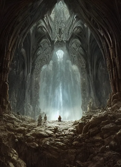 Image similar to medieval adventurers with one angry dragon in the lord of the rings scenery landscape, inside an enormous alien cathedral, portal to another dimension in the sky, highly detailed, cinematic lighting, perfect composition, 4 k, gustave dore, derek zabrocki, greg rutkowski, beksinski, octane render