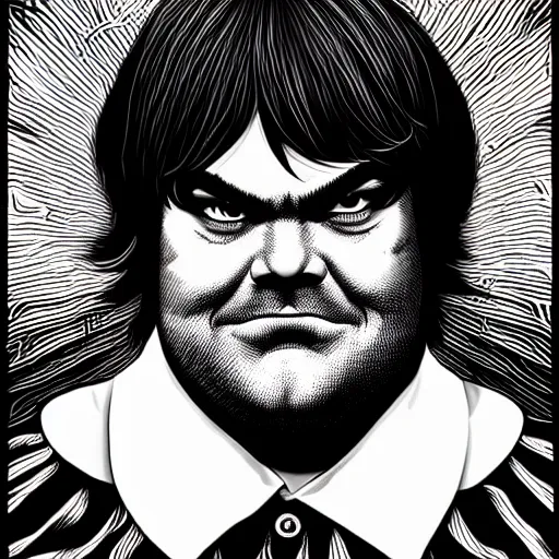 Image similar to a detailed portrait of Jack Black in the style junji ito, 8k, ornate, intricate