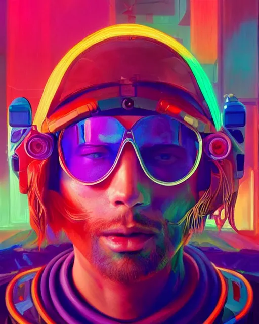 Image similar to colorful portrait of a male hippie with cybernetics, but set in the future 2 1 5 0 | highly detailed | very intricate | symmetrical | professional model | cinematic lighting | award - winning | painted by mandy jurgens | pan futurism, dystopian, bold psychedelic colors, cyberpunk, anime aesthestic | featured on artstation