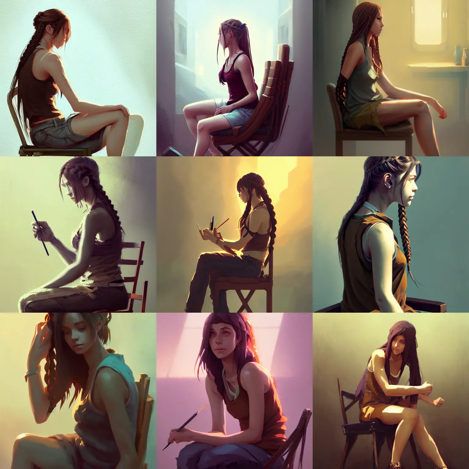 Prompt: beautiful woman with braided brown hair, wearing a low cut tanktop, sitting in a chair, painting, dim color palette, in the style of greg rutkowski, high quality anime artstyle, intricate