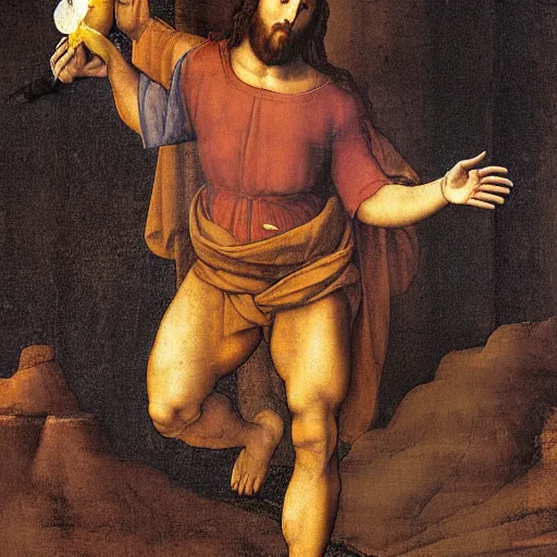 Prompt: jesus lifting a banana up into the air, digital art, emotional and powerful pose, by leonardo da vinci