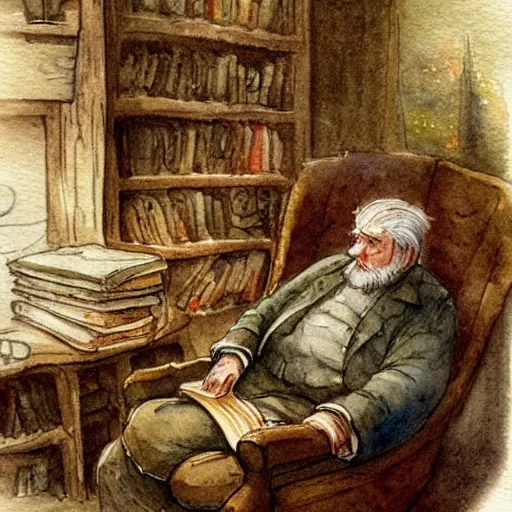 Prompt: a muted color watercolor sketch of a old man sitting in big chair next of a fireplace in his hobbit house living room surrounded by stacks of books from story book character ifrom the book Baltimore & Redingote by Jean-Baptiste Monge of an old man in the style of by Jean-Baptiste Monge that looks like its by Jean-Baptiste Monge and refencing Jean-Baptiste Monge