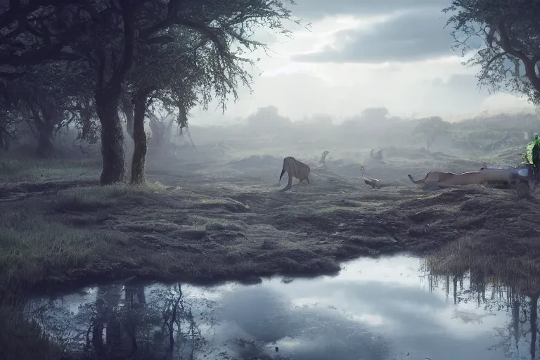 Prompt: tarkovsky scene, hyper realistic, ambient lighting, concept art, intricate, hyper detailed, smooth, dynamic volumetric lighting, octane, raytrace, cinematic, high quality, high resolution, 4 k, film grain, lion king