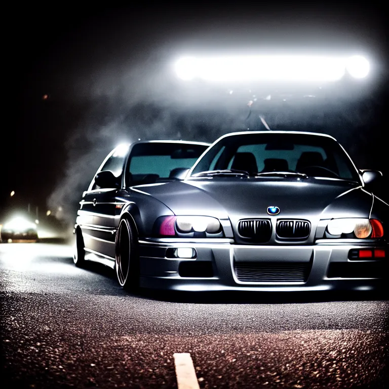 Prompt: close-up-photo Woman Driver standing against her car, BMW E36 turbo illegal meet, work-wheels, Gunma prefecture, misty at night, cinematic color, photorealistic, high detailed deep dish wheels, highly detailed, custom headlights, subtle neon underlighting