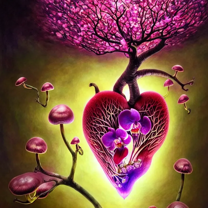 Prompt: extremely psychedelic organic human heart made of orchid and cherry blossom tree and mushroom, LSD, diffuse lighting, fantasy, intricate, elegant, highly detailed, lifelike, photorealistic, digital painting, artstation, illustration, concept art, smooth, sharp focus, art by John Collier and Albert Aublet and Krenz Cushart and Artem Demura and Alphonse Mucha