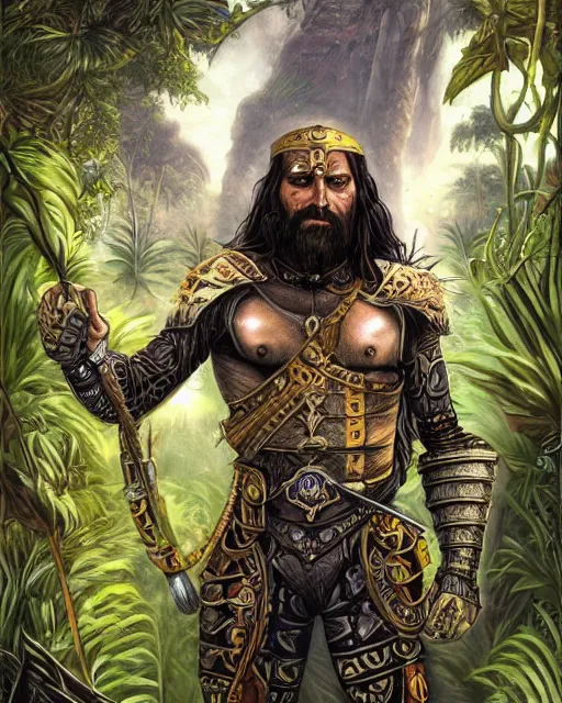 Image similar to ultrarealistic illustration of conquistador, symmetrical, by daniel zrom and nicola saviori, jungle background, detailed