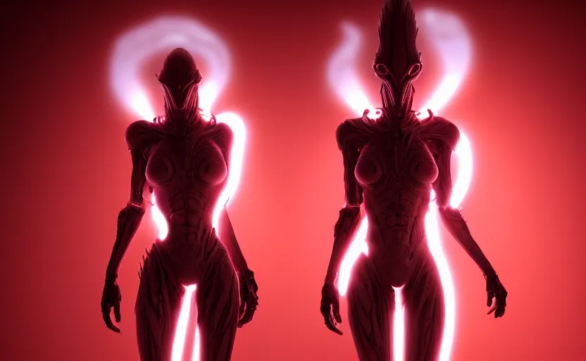Image similar to stunning symmetric full body character image, woman, predator, Protoss, human, Tsutomu Nihei, 3d octane render, unreal engine, hyper realistic, realistic, white bone armor, soft illumination, human facial features, surrounded in red glowing tendrils of whispy smoke, trending artstation, 4K, insane