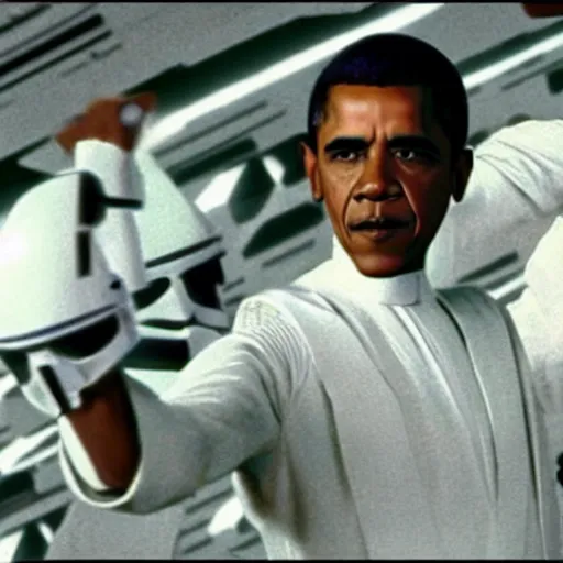 Prompt: A still of Obama in Star Wars, 1980