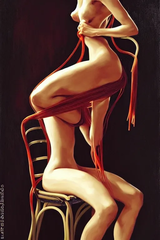 Image similar to a beautiful woman tied to a chair using spaghetti, a woman wrapped in spaghetti, painting by Charlie Bowater and Gerald Brom