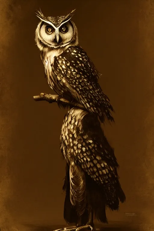 Image similar to wet plate photograph of an anthropomorphic owl dressed in victorian - era clothing, dramatic lighting, highly detailed, digital painting, artstation, concept art, smooth, sharp focus, illustration, art by wlop, mars ravelo and greg rutkowski