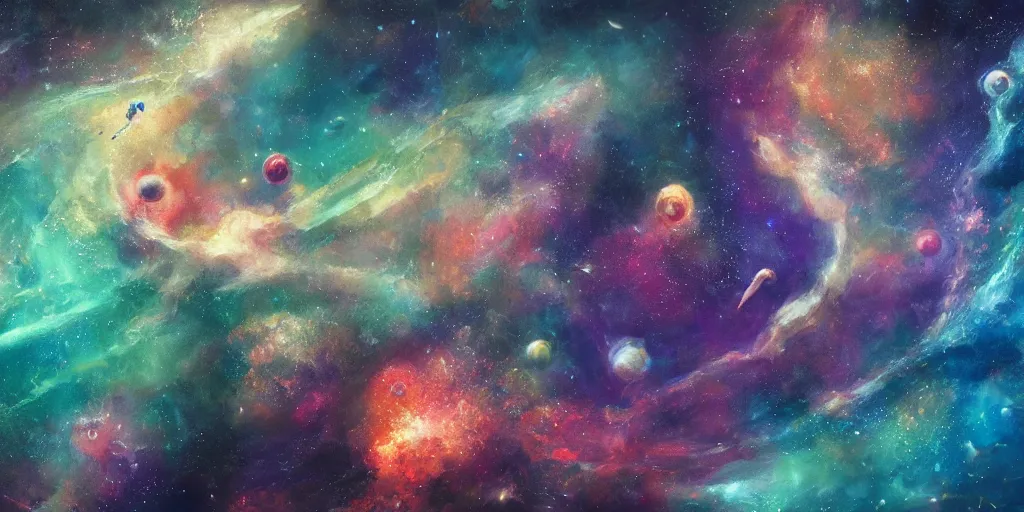 Prompt: painting of sea creatures swimming through space, sea turtles, sting rays whales, colorful nebulas, planets, 8 k resolution in the style of artem demura, moebius