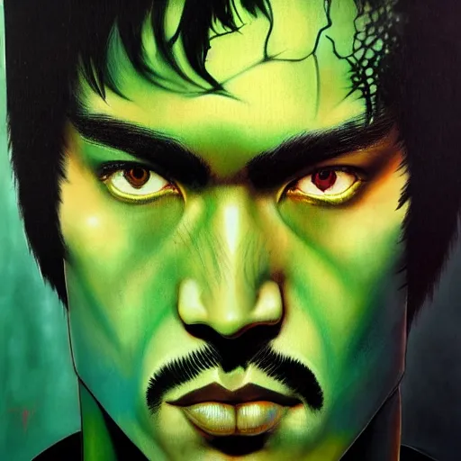 Image similar to a demon slayer portrait of bruce lee, tall, pale - skinned, and slender with lime green eyes and long eyelashes by stanley artgerm, tom bagshaw, arthur adams, carne griffiths, trending on deviant art, street art, face enhance, chillwave, maximalist, full of color, glittering