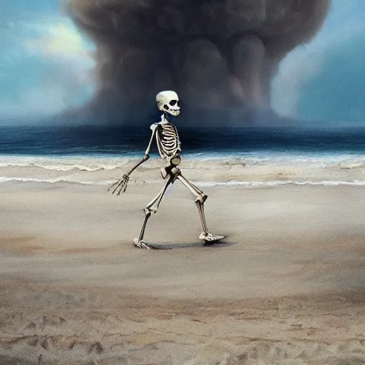 Image similar to Professional painting of anatomically correct skeleton walking along the beach, big highly detailed nuclear bomb explosion in the background, trending on Artstation, realistic, ultra detail, by Greg Rutkowski