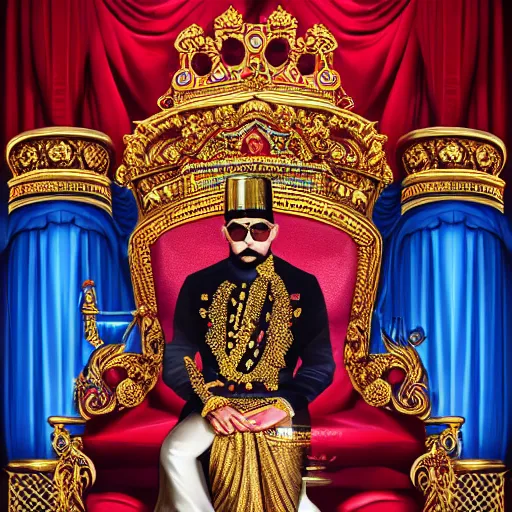 Prompt: the king of india sitting on a throne wearing a black suit and a red fez, detailed face with red lips, blue eyes and large forehead, moody atmosphere, digital art, highly detailed, high contrast, beautiful lighting, award winning, trending on art station, photorealistic, 8 k,