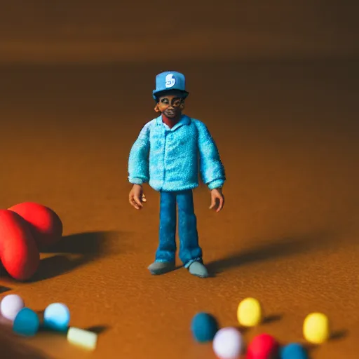 Image similar to a cinematic film still of a claymation stop motion film starring chance the rapper as a college student, shallow depth of field, 8 0 mm, f 1. 8