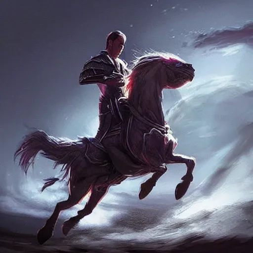 Image similar to “ rim light, fantasy, cinematic concept art, nicolas cage riding a robot horse out of hollywood as its exploding, award winning, dramatic lighting. ”