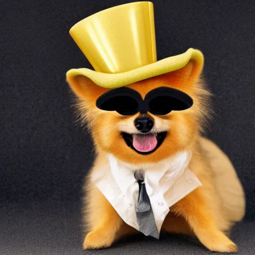 Image similar to a tan pomeranian wearing a top - hat and a monocle and sitting on large pile of featureless gold coins