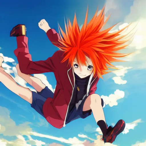 Image similar to orange - haired anime boy, 1 7 - year - old anime boy with wild spiky hair, wearing red jacket, flying through sky, ultra - high jump, late evening, blue hour, cirrus clouds, pearly sky, ultra - realistic, sharp details, subsurface scattering, blue sunshine, intricate details, hd anime, 2 0 1 9 anime