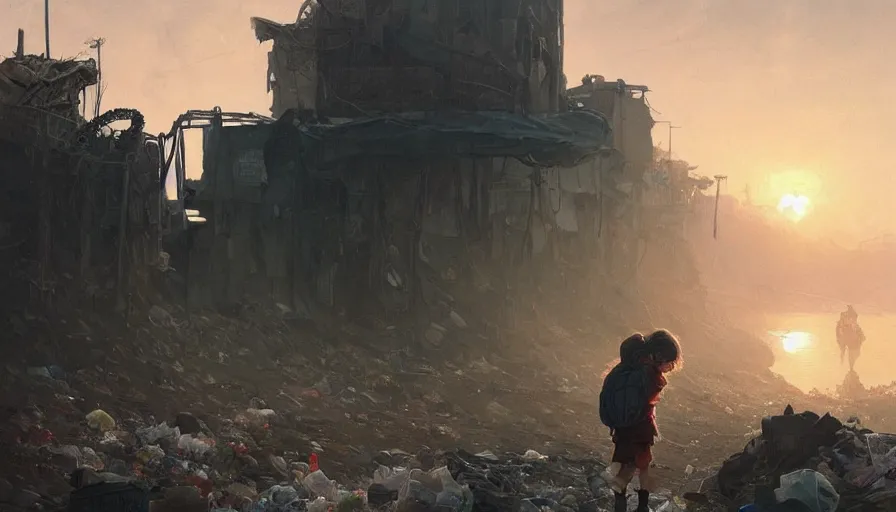 Image similar to poor detailed child with backpack looking for food at garbage dump, city is pure wasteland, moody sunset in background, greg rutkowski, alphonse mucha, trending on artstation, artgerm, unreal engine, breathtaking, award winning, highly detailed