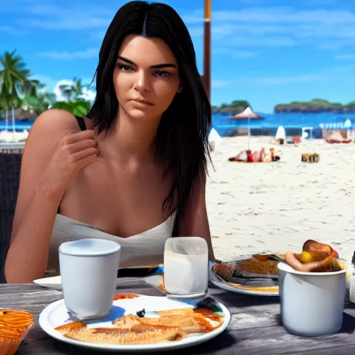 Image similar to kendall jenner eating lunch at the beach, photorealistic, ultra - detailed, hdr shot, unreal engine rendering 4 k
