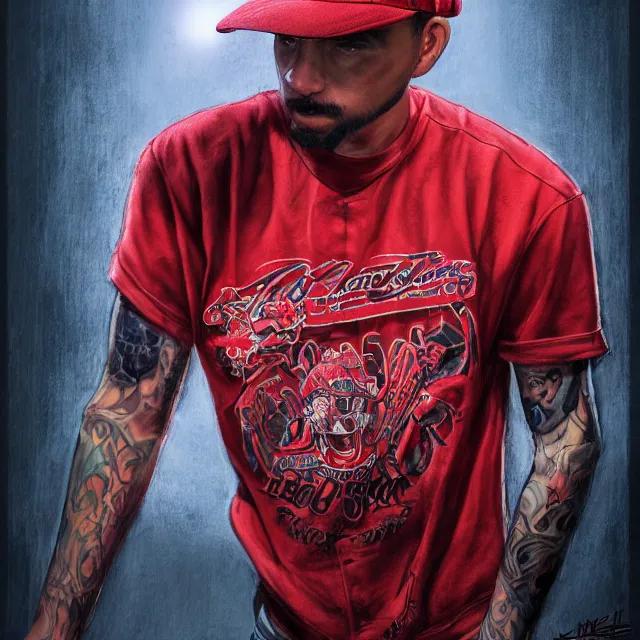 Image similar to the portrait of a los angeles blood's gang member wearing a red baseball cap, an ultrafine hyperdetailed illustration by kim jung gi, irakli nadar, intricate linework, bright colors, final fantasy, unreal engine 5 highly rendered, global illumination, radiant light, detailed and intricate environment