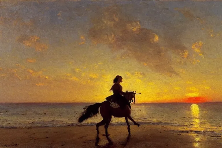 Image similar to Western oil painting of a woman in a white dress riding a horse along the beach, sunset, albert aublet, Charles-Theodore Frere