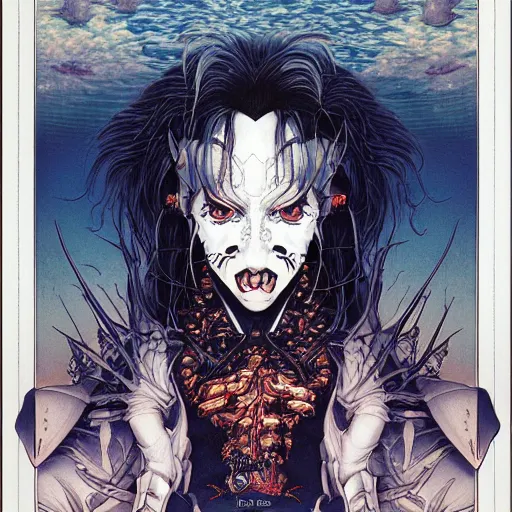 Image similar to portrait of vampire kiss, symmetrical, by yoichi hatakenaka, masamune shirow, josan gonzales and dan mumford, ayami kojima, takato yamamoto, barclay shaw, karol bak, yukito kishiro