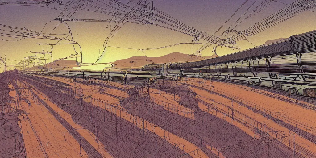 Prompt: weird west futuristic bullet train into the sunset, desaturated delicate illustration by moebius jean giraud