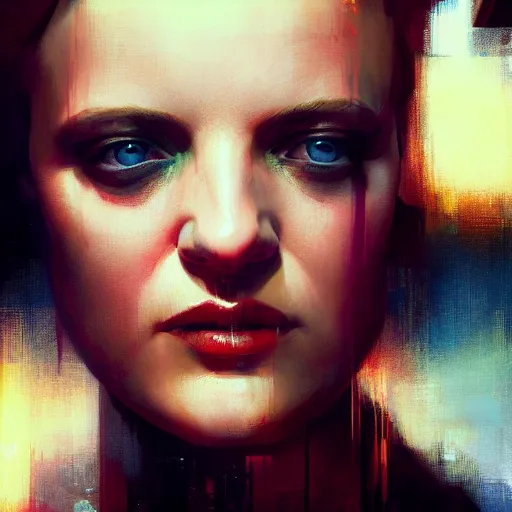 Image similar to elisabeth moss, hyperrealistic portrait, bladerunner street, art of elysium by jeremy mann and alphonse mucha, fantasy art, photo realistic, dynamic lighting, artstation, poster, volumetric lighting, very detailed face, 4 k, award winning