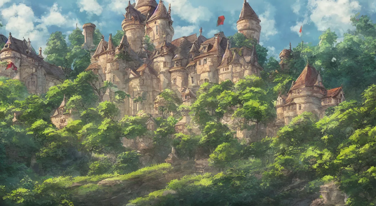 Prompt: a landscape painting of a French castle, with a garden, in the style of anime, by Studio Ghibli, trending on artstation