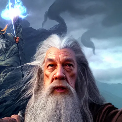 Image similar to Selfie taken by an overconfident Gandalf the Grey on the Bridge of Khazad Dum, a balrog looming in the background,