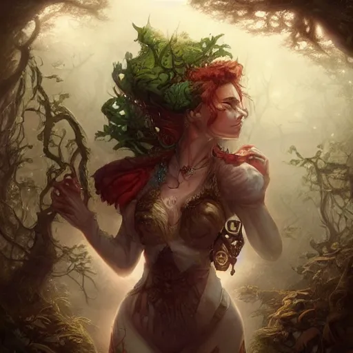 Image similar to the court jesters wife lost in the woods, pretty, beautiful, hyper realistic fantasy painting, deviantart artstation, by jason felix by steve argyle by tyler jacobson by peter mohrbacher, cinematic, magical