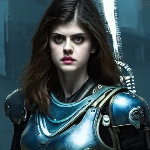 Prompt: photo of alexandra daddario as a cyberpunk warrior with weapons