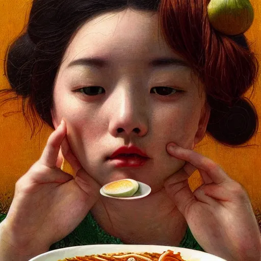 Image similar to girl eating ramen, portrait face, colorful, frantisek kupka, intricate, miles johnston, kuroda seiki, cynical realism, ozabu, john william godward, painterly, yoshitaka amano, moebius, miles johnston, louise zhang, james jean, mark ryden lowbrow pop surrealism art style